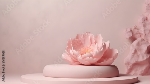 Stone pedestal with pink flowers modern background. Product display design, minimal mockup template. Generative AI #616289028