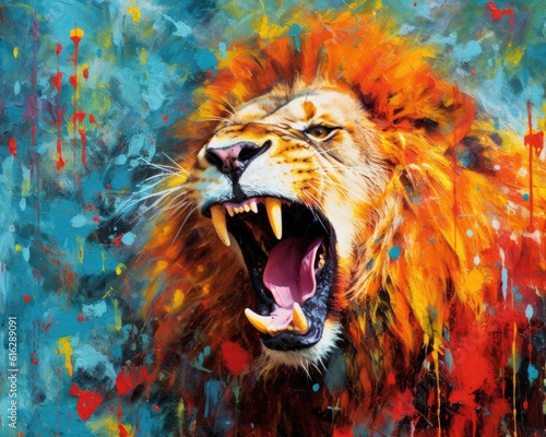 lion  form and spirit through an abstract lens. dynamic and expressive lion print by using bold brushstrokes  splatters  and drips of paint. lion raw power and untamed energy
