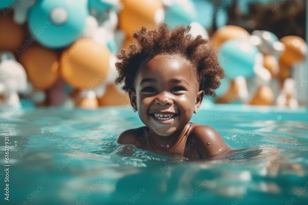 Happy afro american baby playing in swimming pool during summer vacation