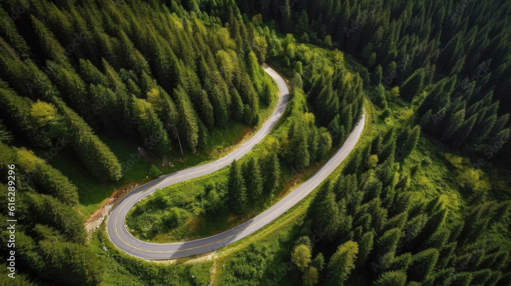 aerial view of a road that makes a loop between green forests. Generative AI