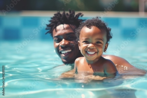 Happy afro american baby playing in swimming pool during summer vacation