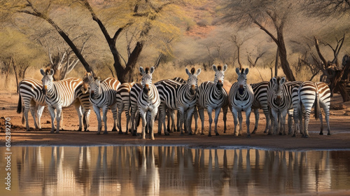 a lot of zebras stand at a waterhole in the dry savannah. Generative AI