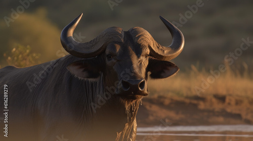 a portrait of a cape buffalo in the savannah. Generative AI
