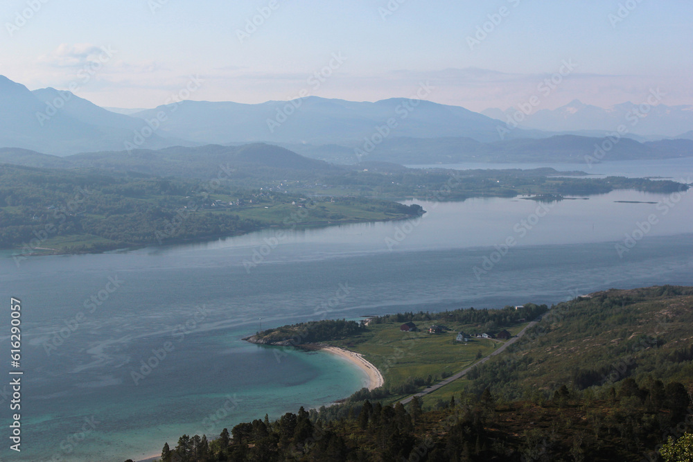 View from the mountain to the sea and mountains, fjord, nature of Norway
