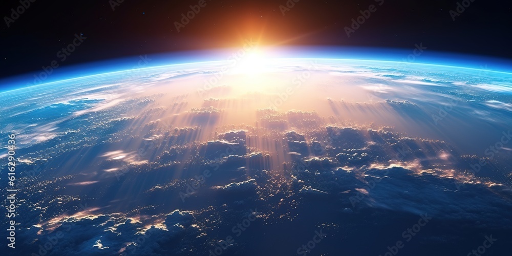 Blue sunrise view of earth from space - obrazy, fototapety, plakaty 