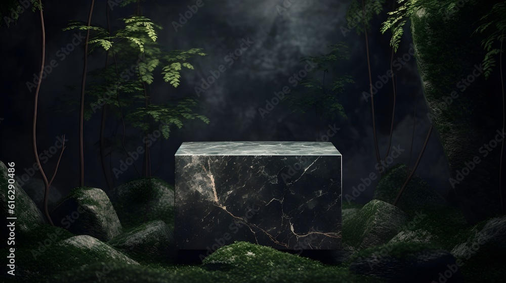 Obraz premium Stone pedestal in the dark forest, black background. Product display design, luxury mockup template. Generative AI