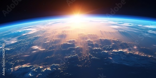 Blue sunrise view of earth from space photo
