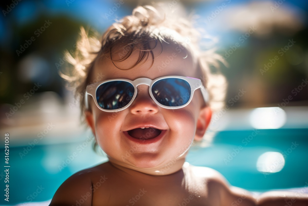 Happy baby playing in swimming pool during summer vacation Happy baby playing in swimming pool during summer vacation