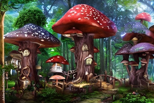 Mushroom Tree House Background, Mushroom Tree House Landscape Background, Nature Background, Landscape Background, Generative AI