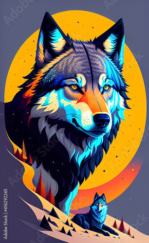 Colorful illustration of wolf as a poster