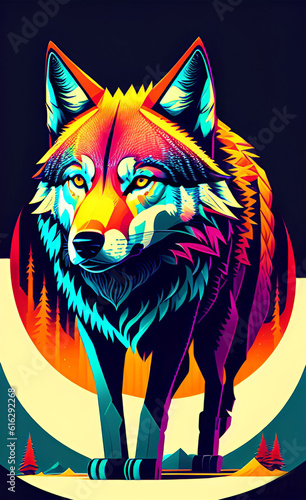 Colorful illustration of wolf as a poster