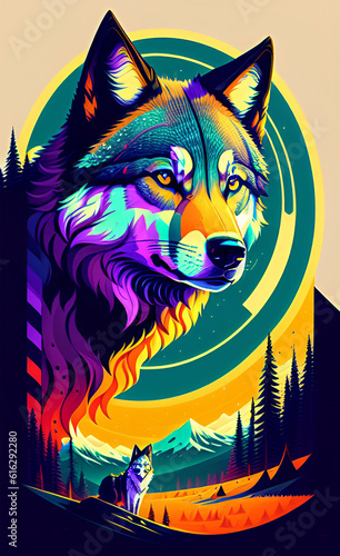 Colorful illustration of wolf as a poster