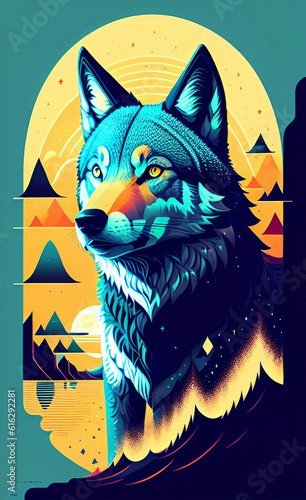Colorful illustration of wolf as a poster
