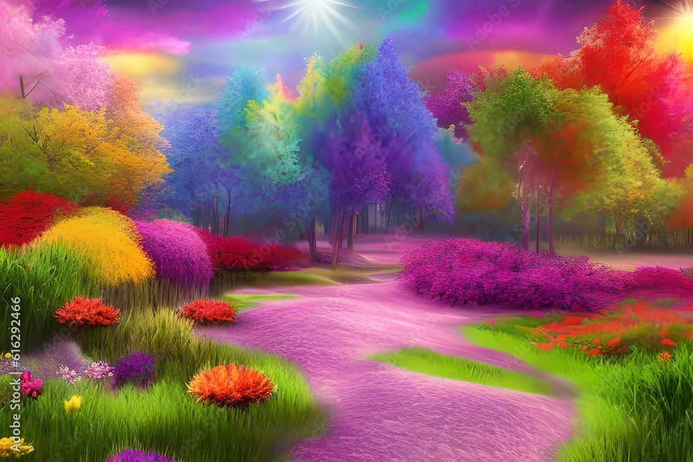 Flower Forest Background, Rainbow pastel Flower Forest Landscape, Flower Forest Landscape Background, Nature Background, Landscape Background, Generative AI