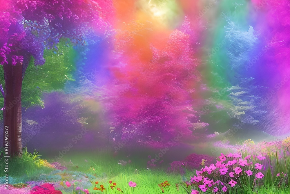 Flower Forest Background, Rainbow pastel Flower Forest Landscape, Flower Forest Landscape Background, Nature Background, Landscape Background, Generative AI