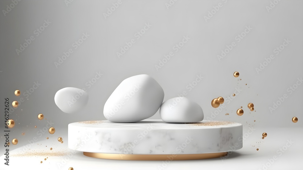 Fototapeta premium white rocks with golden confetti, white abstract background. Generative AI