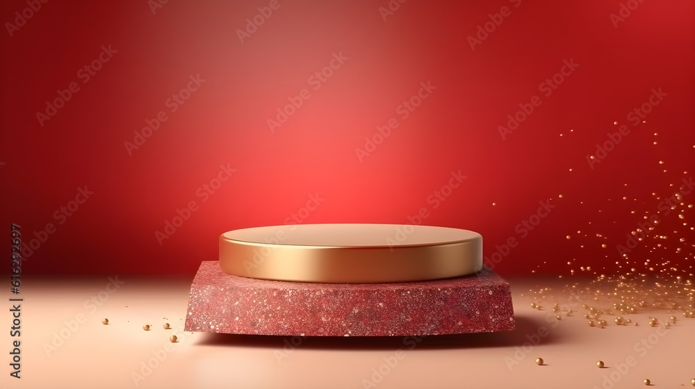 Empty pedestal with golden confetti, red background. Modern product display design. Luxury mockup template. Generative AI Empty pedestal with golden confetti, red background. Modern product display design. Luxury mockup template. Generative AI