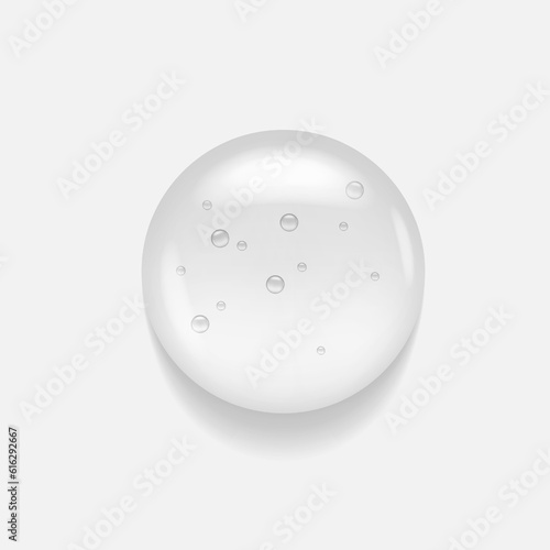 Liquid serum gel drop. Round transparent cosmetic product droplet. Clear texture of essential beauty oil. Bubbled water acid cream