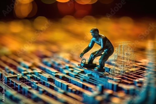 A miniature figurine surfer navigating a sea of fluctuating graphs and charts on a computer screen. Generative AI