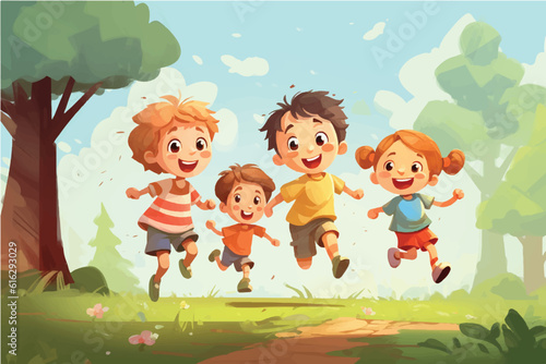 vector illustration of Happy Children Playing Outside.