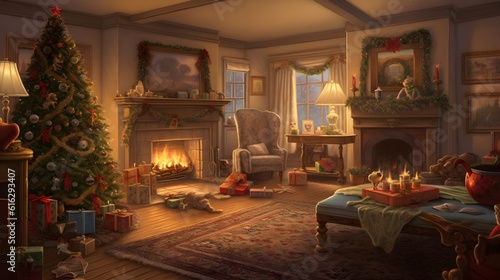 interior of house with fireplace and christmas tree generative art
