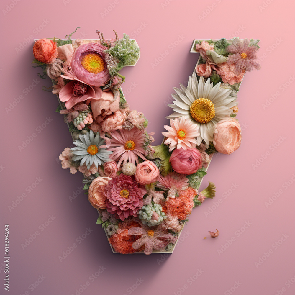 Floral Typography of the Letter V - Beautiful Pastel Flowers Arranged over a Wooden 
