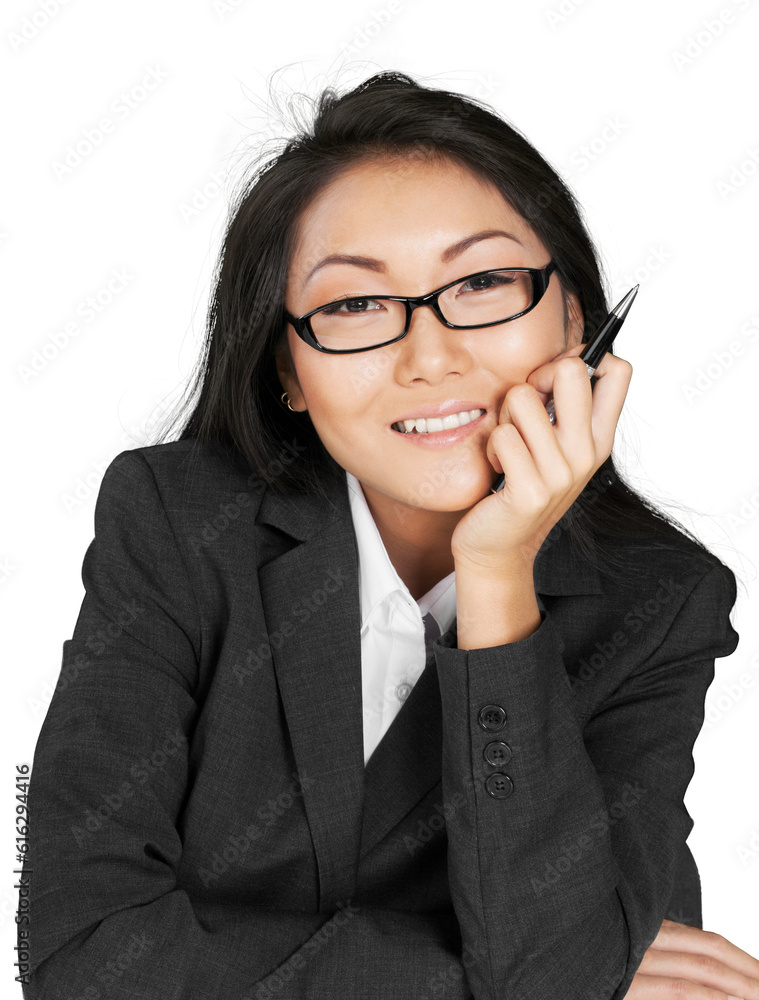Friendly Asian Businesswoman with Head Resting on Hand - Isolated