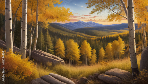 Autumn landscape at sunsetin an artistic style, mixed forest, birch, aspen, spruce and pine, mountains in the distance and sunset sky photo