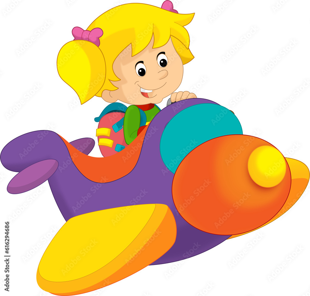 Naklejka premium Cartoon girl kid on a toy funfair plane amusement park or playground isolated illustration for kids