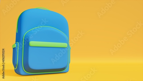 Blue backpack for start of class on yellow table, college theme, 3d rendering