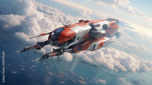 Fototapeta Naklejka Na Ścianę i Meble -  Futuristic spaceship in the sky. The concept of the future. Aerial view.