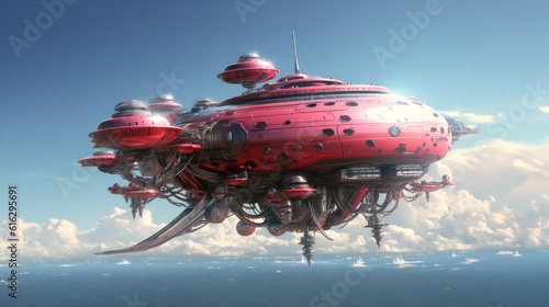 Fototapeta Naklejka Na Ścianę i Meble -  Futuristic spaceship in the sky. The concept of the future. Light silver and red spaceship 3D illustration.