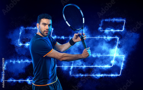 Tennis player banner with blue neon lights. Tennis template for bookmaker design ads with copy space. Mockup for betting advertisement. Sports betting on tenis