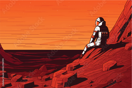 vector illustration of astronaut on planet Mars, sitting on a cliff, watching the Milky Way galaxy.