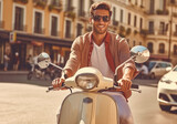Handsome young man smiling and riding on motor bike through the city on a sunny day. Generative AI