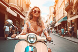 Beautiful young woman smiling and riding on a motor bike through the city on a sunny day. Generative AI
