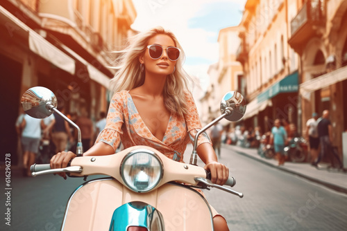 Beautiful young woman smiling and riding on a motor bike through the city on a sunny day. Generative AI