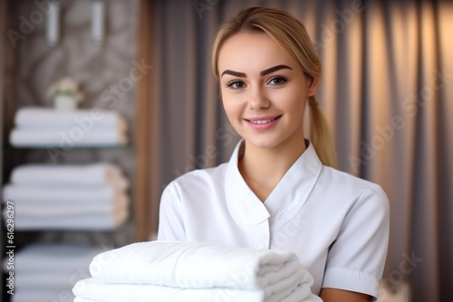 Free Download Beautiful young smiling chamber maid preparing clean towels in bedroom. Generative AI - GFXLoad