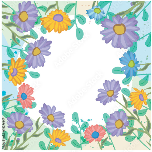 Flower backdrop that looks like daisies and aster. All in purple, red, yellow and blue colors in a square shape with central circular space. Vector illustration on transparent background