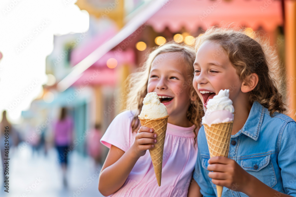 Two young friends eating ice cream and having fun in amusement park, refreshment in theme park. Generative AI Two young friends eating ice cream and having fun in amusement park, refreshment in theme park. Generative AI