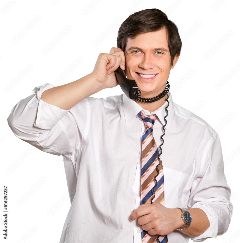 Young handsome businessman with phone isolated on white background Young handsome businessman with phone isolated on white background