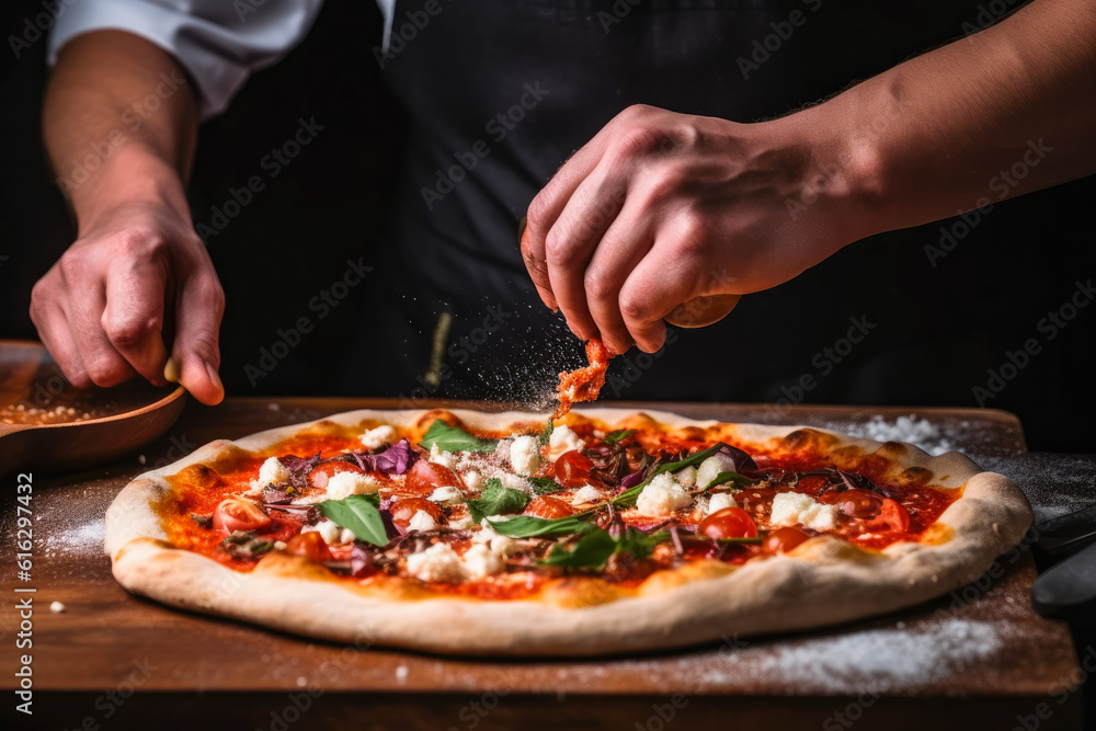 Top down close up view of chef's hands making a delicious pizza. Generative AI