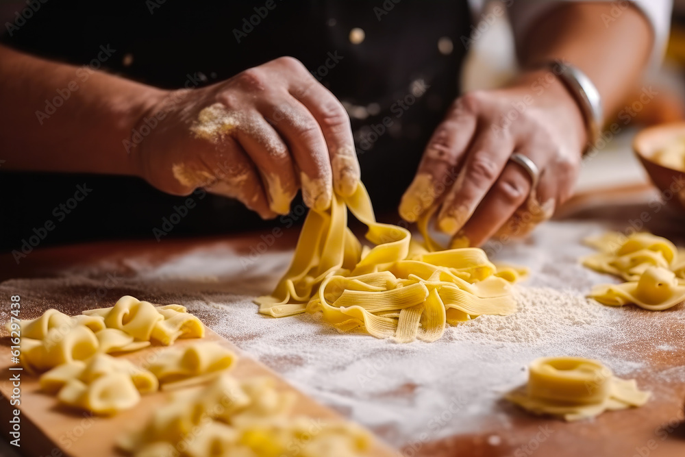 Close up of hands of chef making homemade pasta in the kitchen, top view, aesthetic pleasing.Generative AI Close up of hands of chef making homemade pasta in the kitchen, top view, aesthetic pleasing.Generative AI