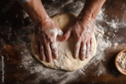 Top down close up view of chef's hands preparing a dough for pizza. Generative AI
