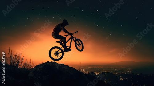 Silhouette of a mountain biker enjoying downhill during the sunset. Mountain bike concept. Mountain bike race - silhouette cyclist on background.