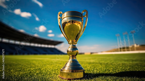Golden trophy at soccer stadium