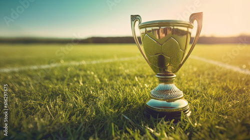 Golden trophy at soccer stadium