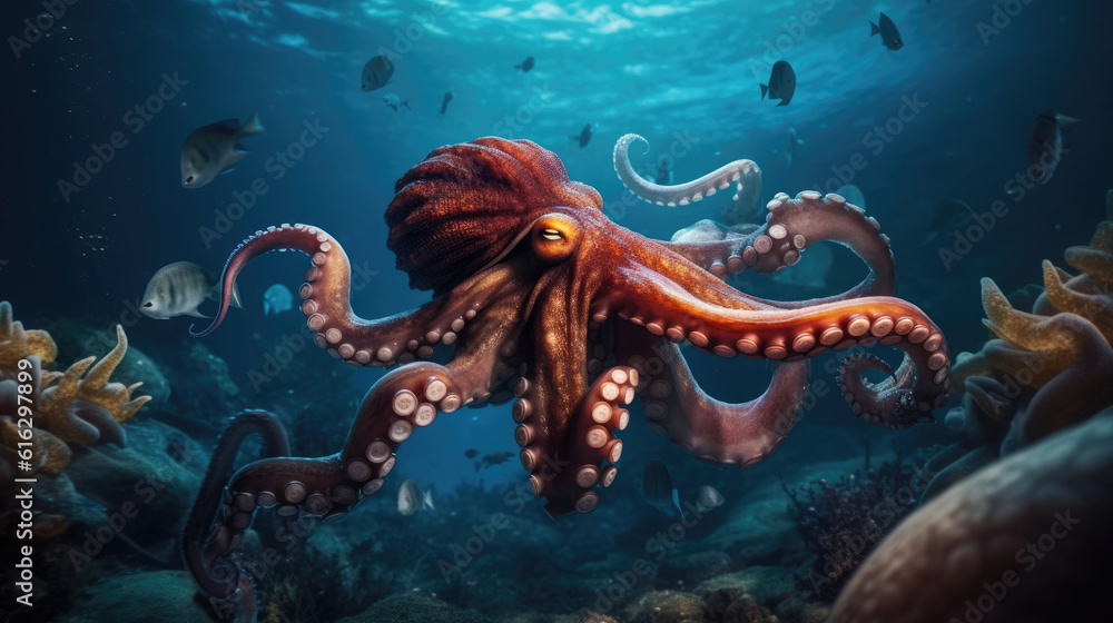 A giant octopus in the deep ocean. A giant octopus in the deep ocean.