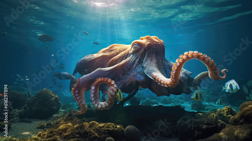 A giant octopus in the deep ocean.