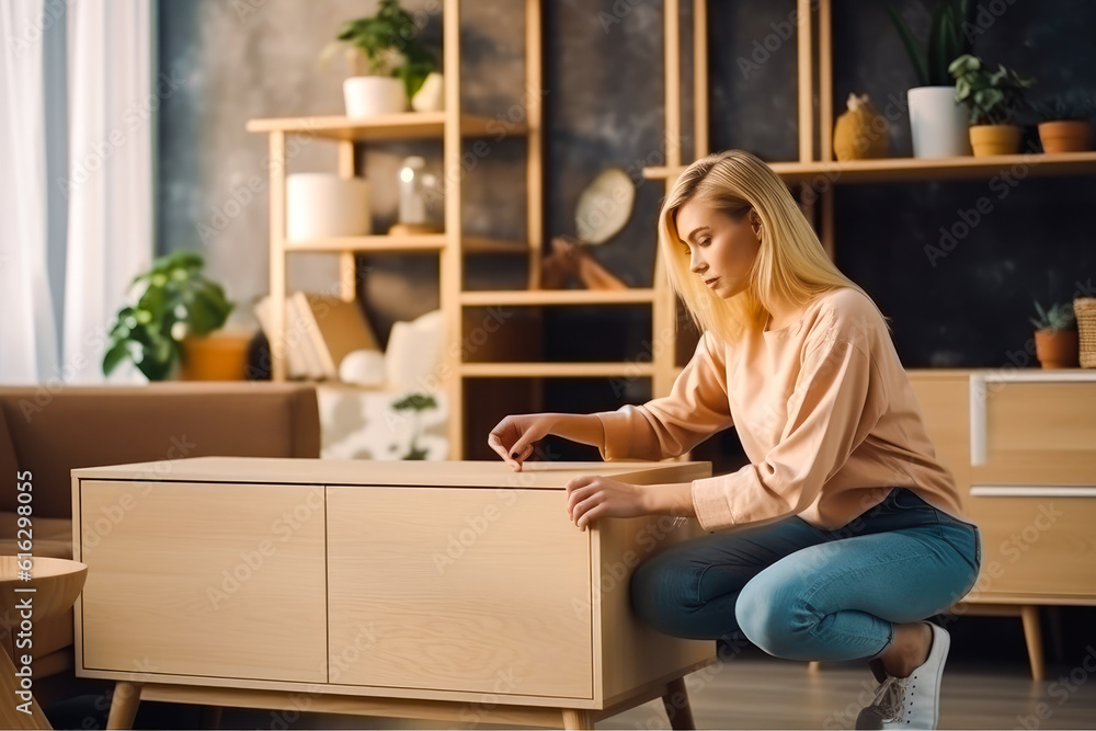 Beautiful young woman assembling furniture in indoor space, focus on work. Generative AI Beautiful young woman assembling furniture in indoor space, focus on work. Generative AI